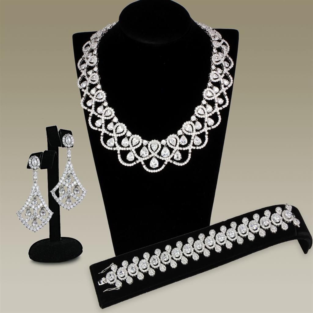 JCE931 Rhodium Brass Jewelry Sets with AAA Grade CZ  in Clear