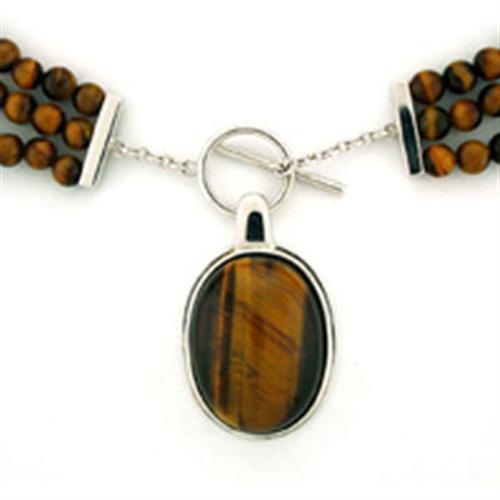JCEA278 Rhodium 925 Sterling Silver Necklace with Semi-Precious Tiger Eye in Smoked Quartz