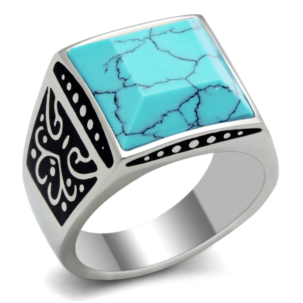 JCE304 High polished (no plating) Stainless Steel Ring with Synthetic Turquoise in Sea Blue