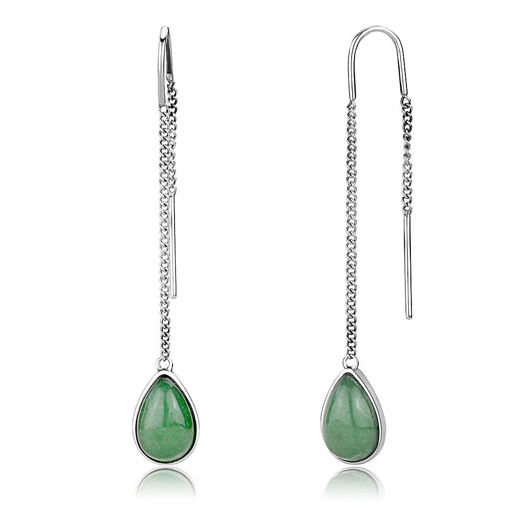JCE3099 High polished (no plating) Stainless Steel Earrings with Semi-Precious Jade in Emerald