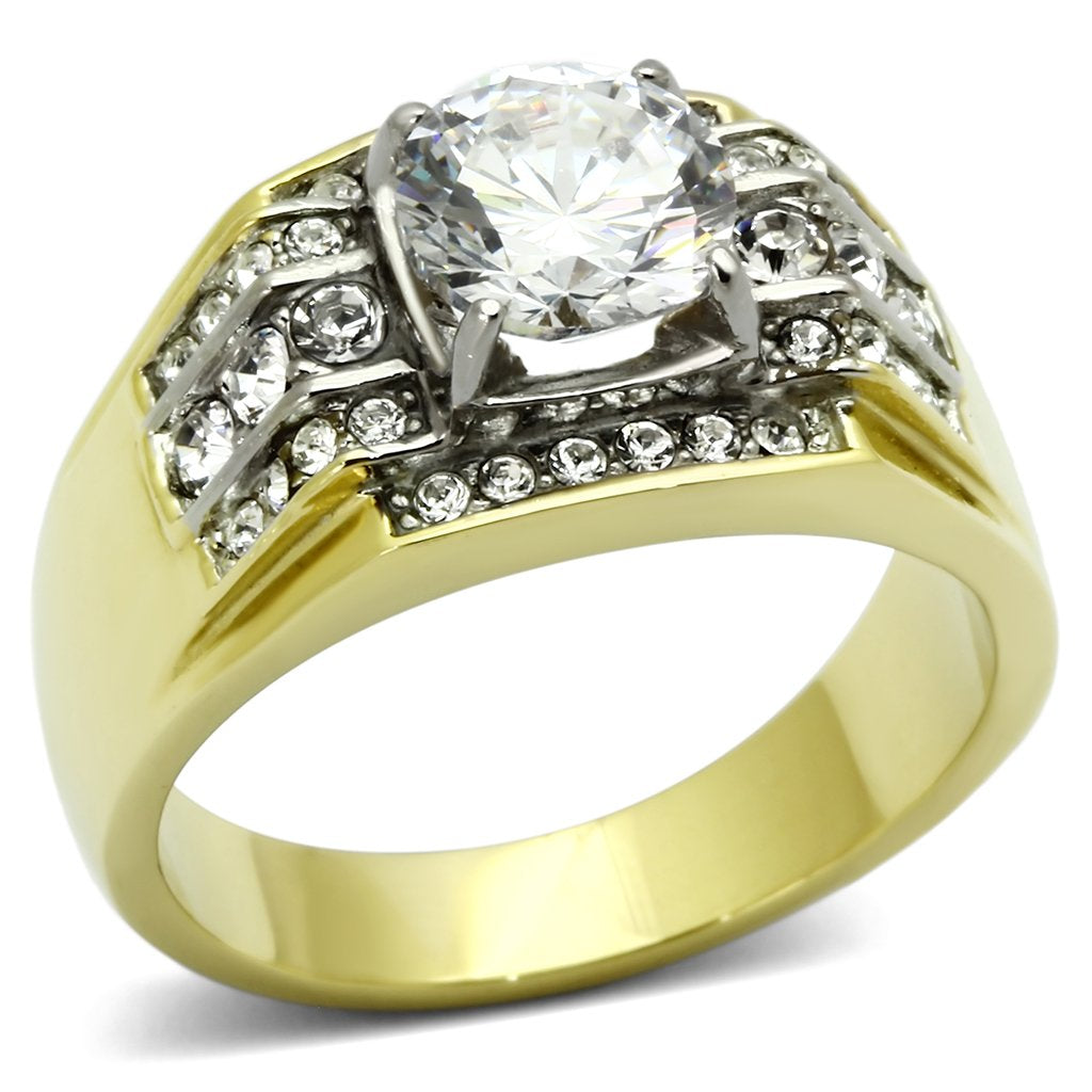 JCE736 Two-Tone IP Gold (Ion Plating) Stainless Steel Ring with AAA Grade CZ  in Clear